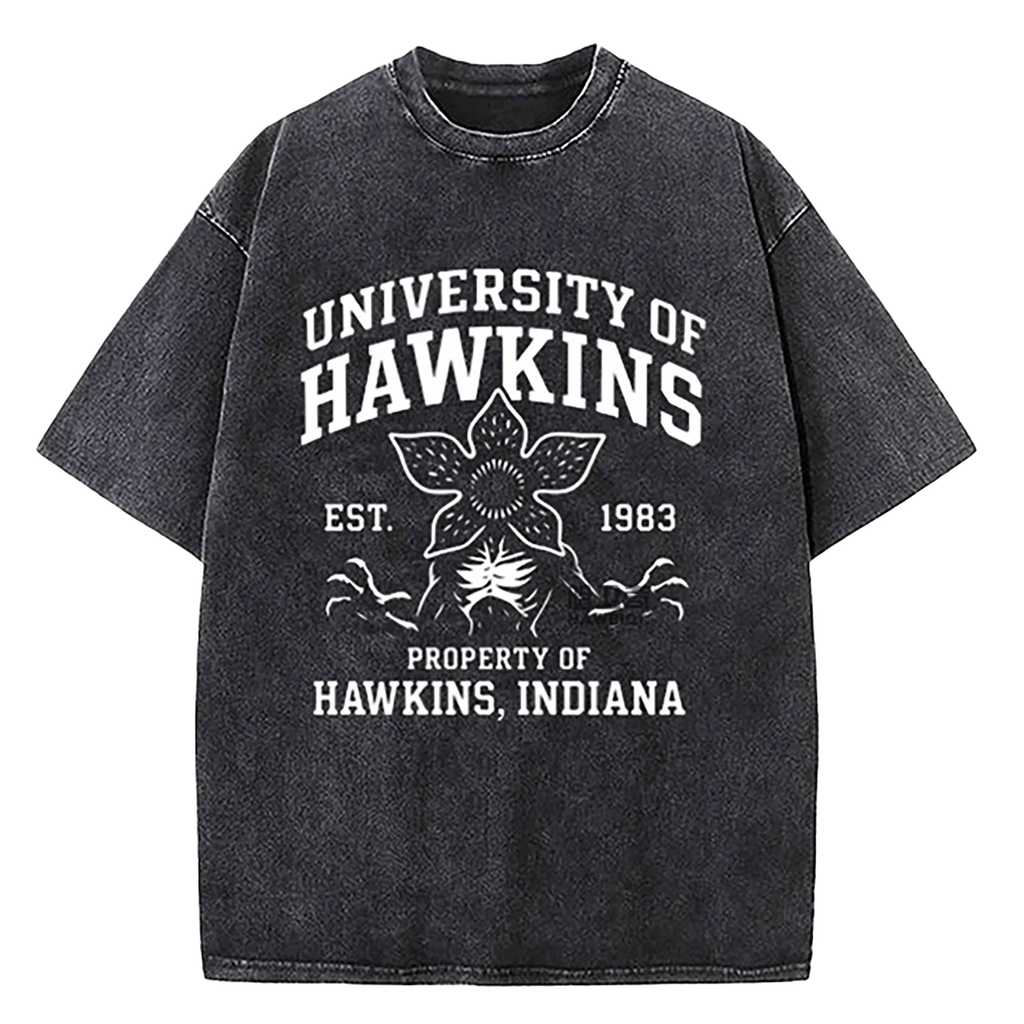 Stranger Things Washed T-Shirt Hawkins University Est 1983 Vintage Graphic Tee Black Over Zized