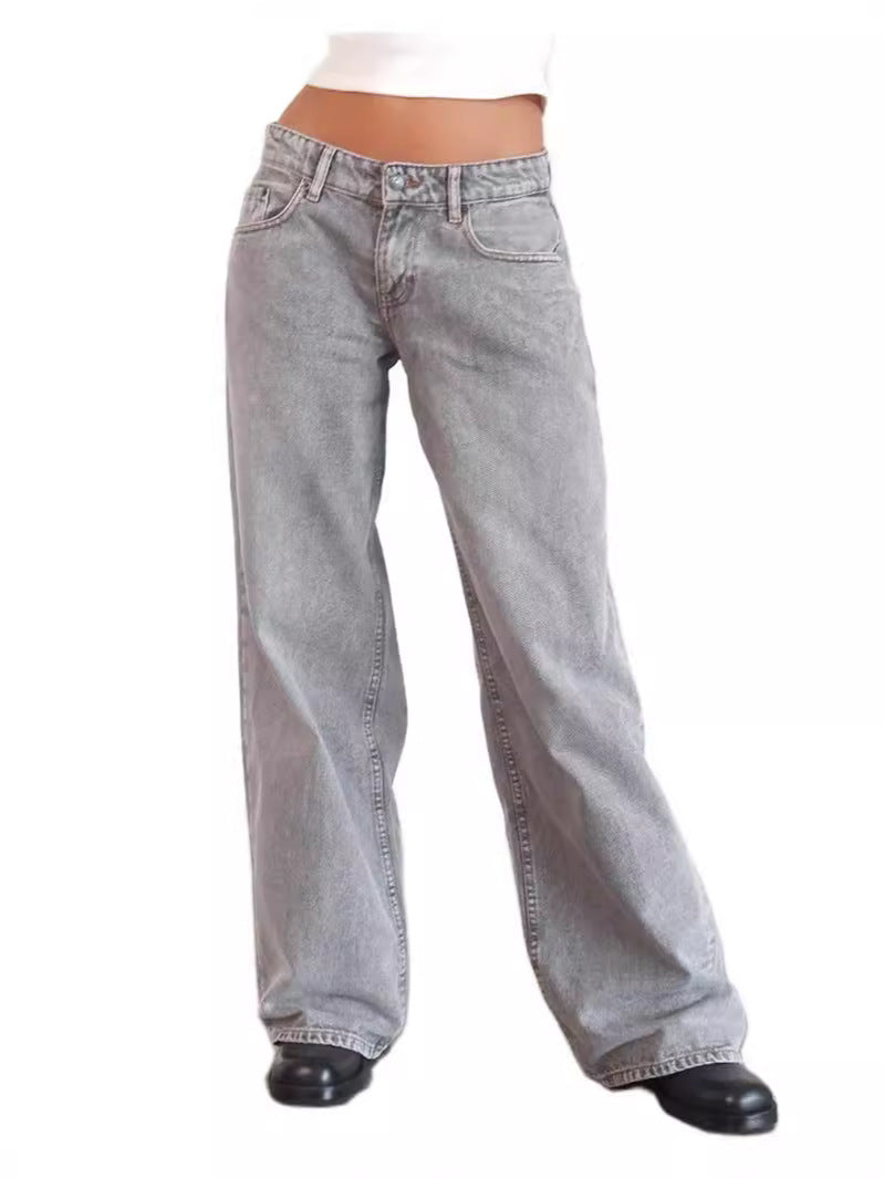 Woman in high-waisted light gray straight-leg wide jeans, front view.