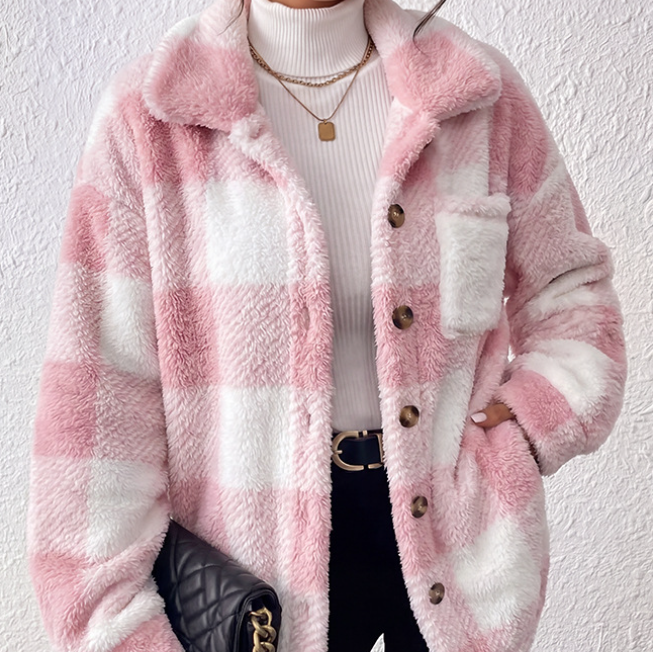 Women's plaid plush shacket in pink, front view styled with jeans