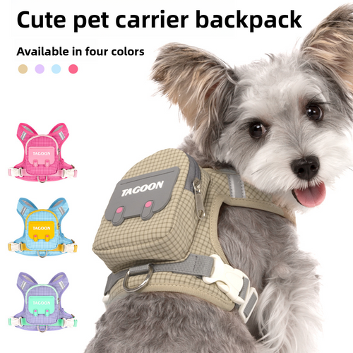 Gray dog wearing a khaki dog backpack harness, with pink, light blue, and purple color options shown