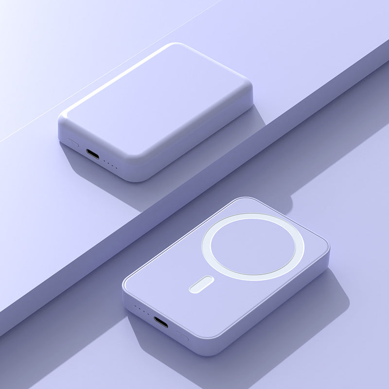 Purple magnetic power bank angled view showing magnetic charging ring