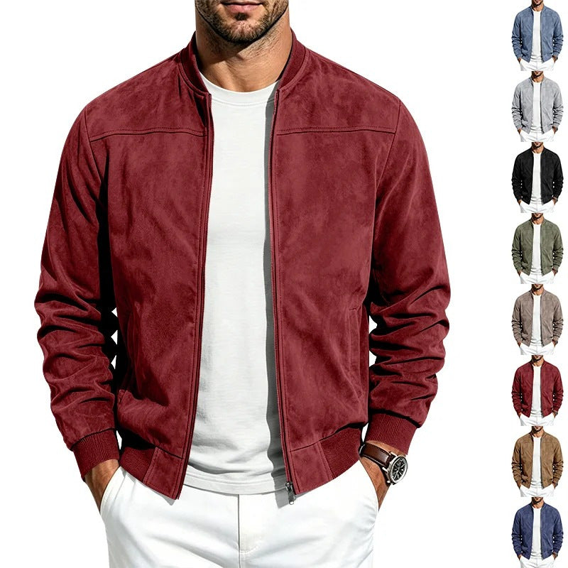 Men's faux suede bomber jacket in wine red with retro baseball collar and zip front