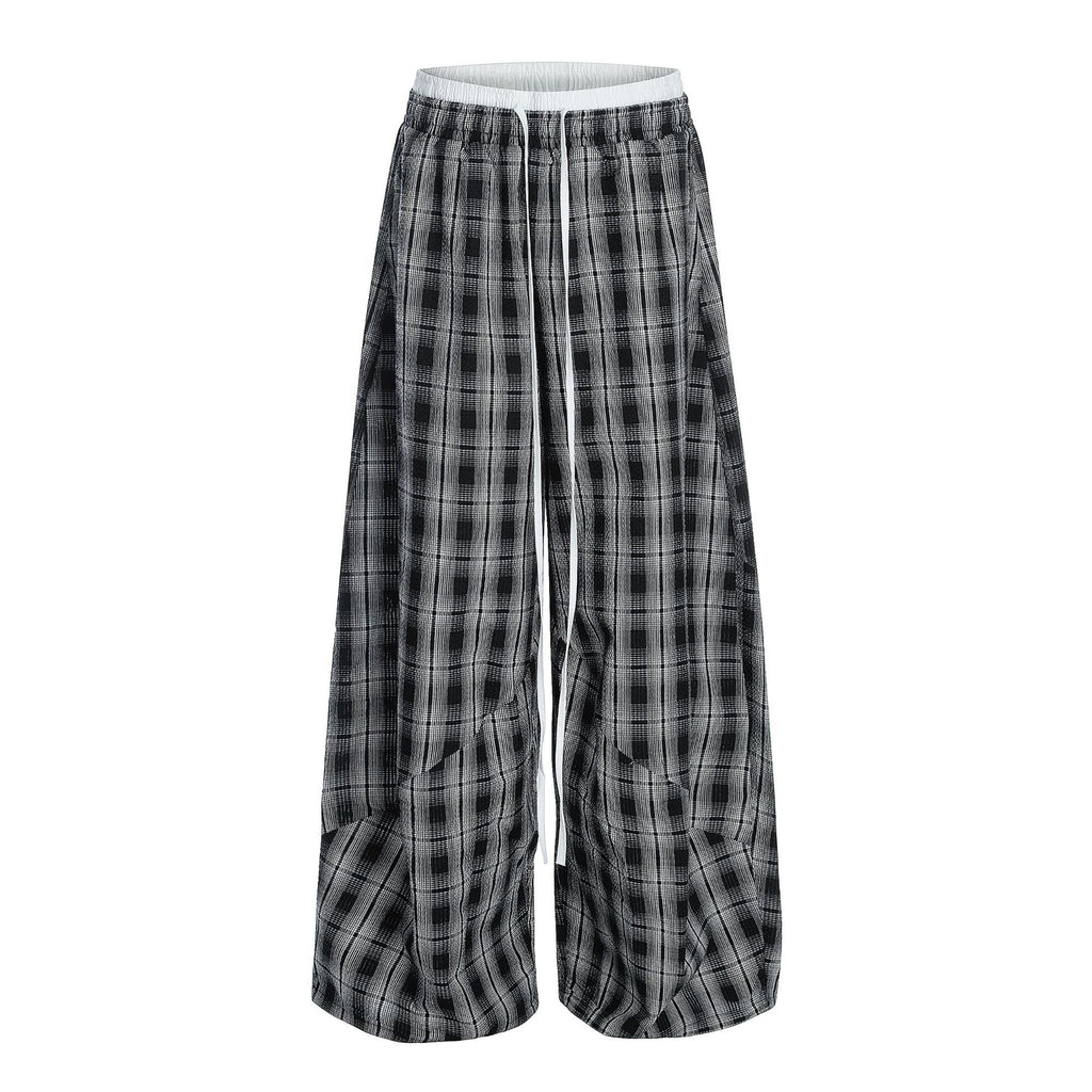 Women’s High Waist Straight Leg Plaid Pants | Black Cotton Trousers