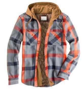 Men's plaid hooded jacket in blue-black, front view