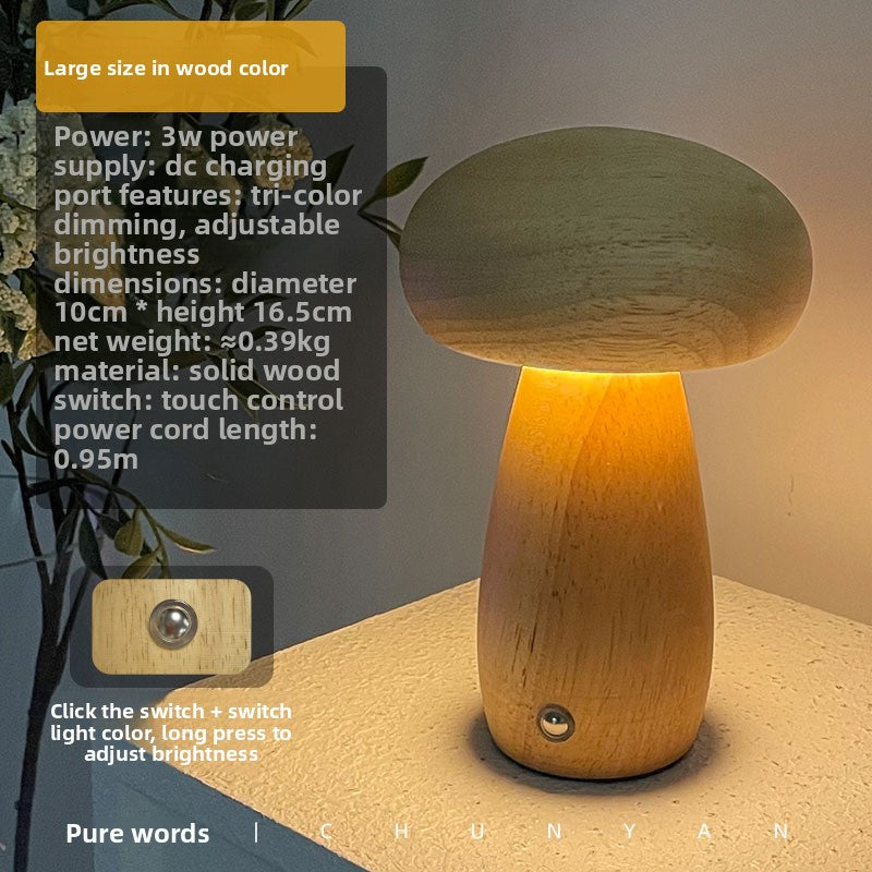 Solid wood mushroom table lamp in pure warm light mode with dimmable settings and size details