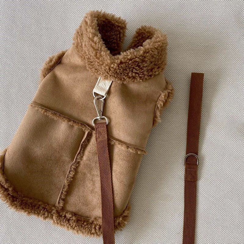 Faux suede dog vest in brown, close view of collar and front clip