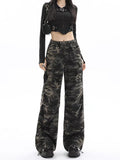 High-waisted camo cargo pants, wide leg silhouette, styled with crop top