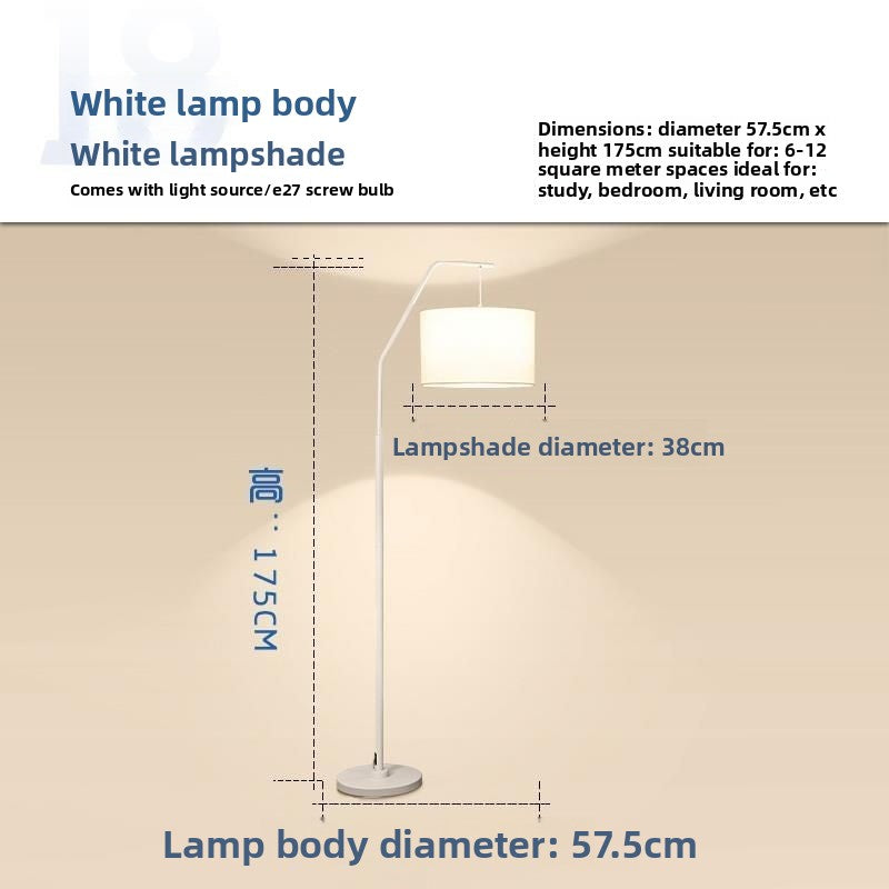 Dimension diagram of white body modern arc floor lamp showing height 172.5cm, lampshade diameter 30cm, and base 57.5cm.