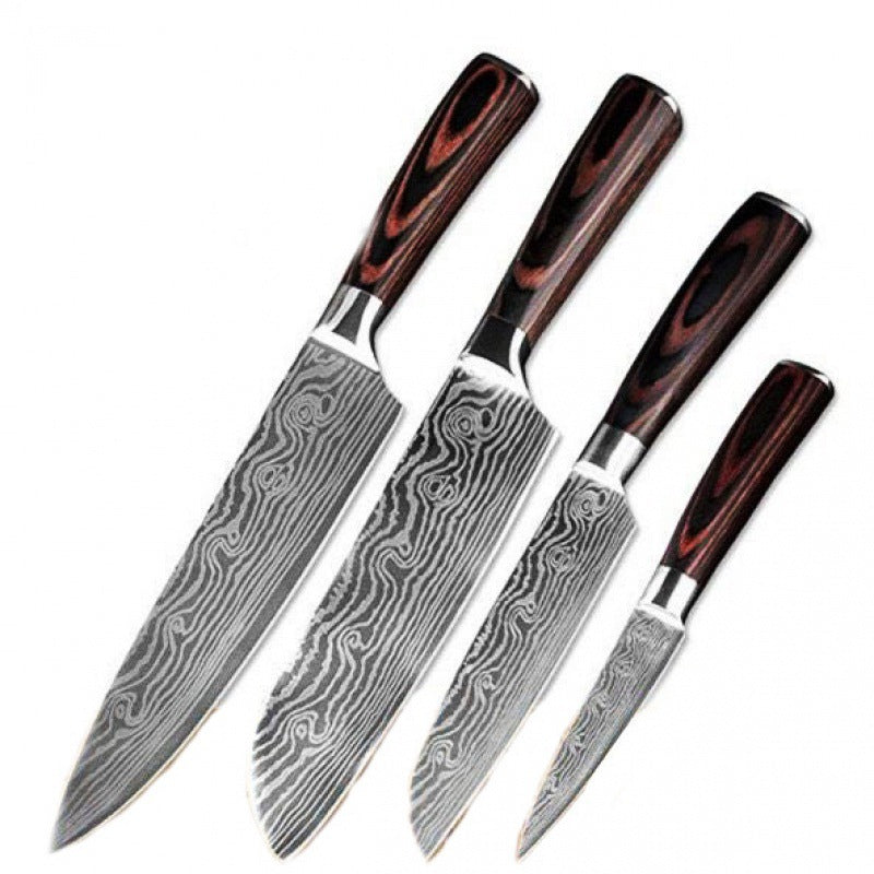 Damascus Kitchen Knife Set with Colored Wood Handles - 5/7/8 Piece Chef Knife Set