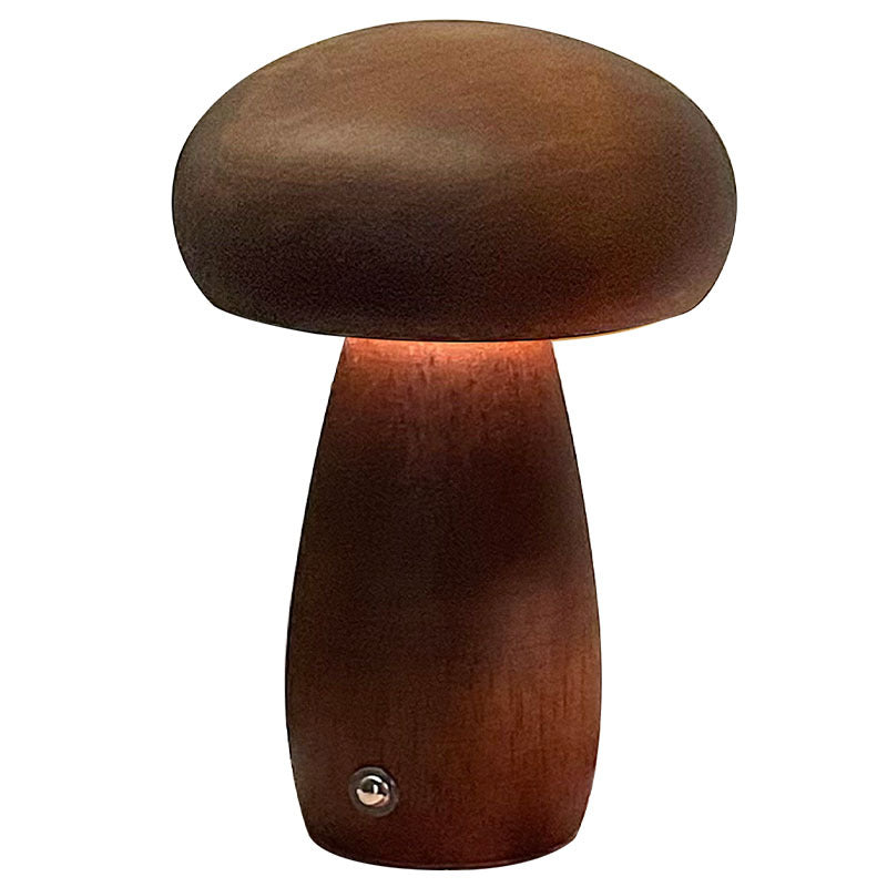 Large solid walnut wooden mushroom table lamp with smooth finish and touch control base”