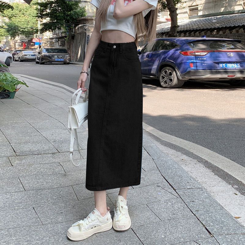 Black maxi denim skirt, preppy college style outfit