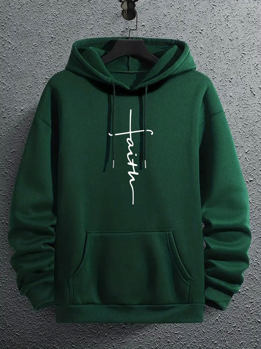 Faith hoodie in dark green, front view showing Faith cross graphic