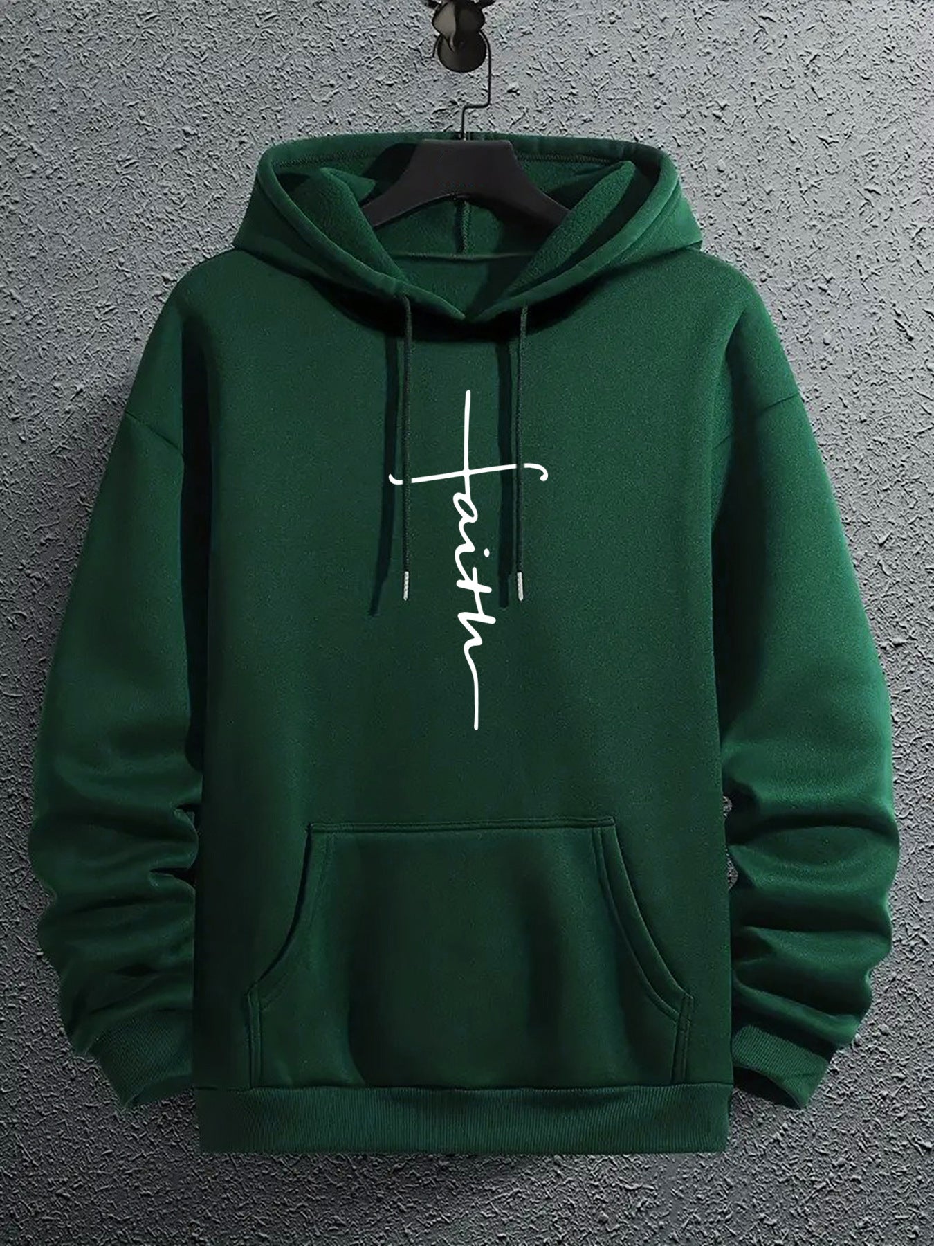 Faith hoodie in dark green, front view showing Faith cross graphic