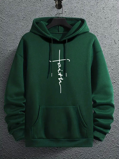 Faith hoodie in dark green, front view showing Faith cross graphic