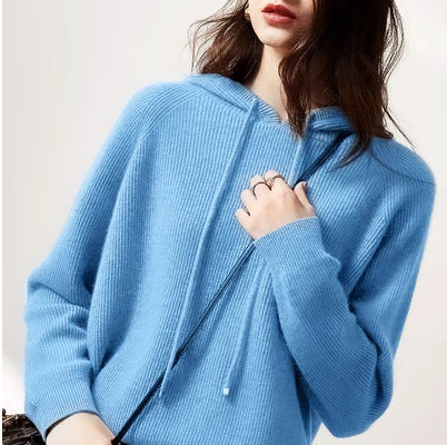 Women's camel cashmere blend hooded sweater, oversized relaxed fit with bow detail — styled view 5