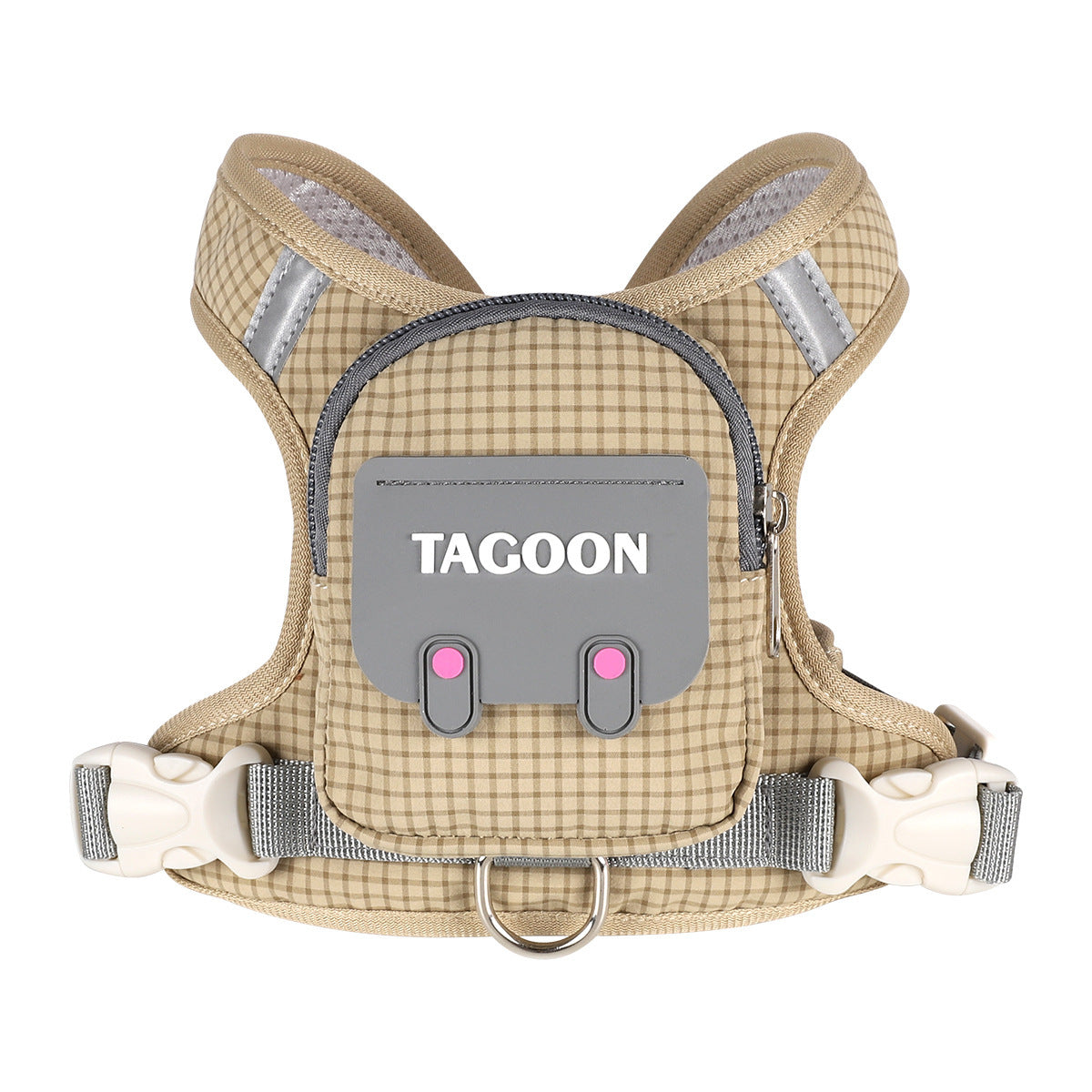 Khaki backpack harness for dogs with reflective shoulder trim and storage pocket