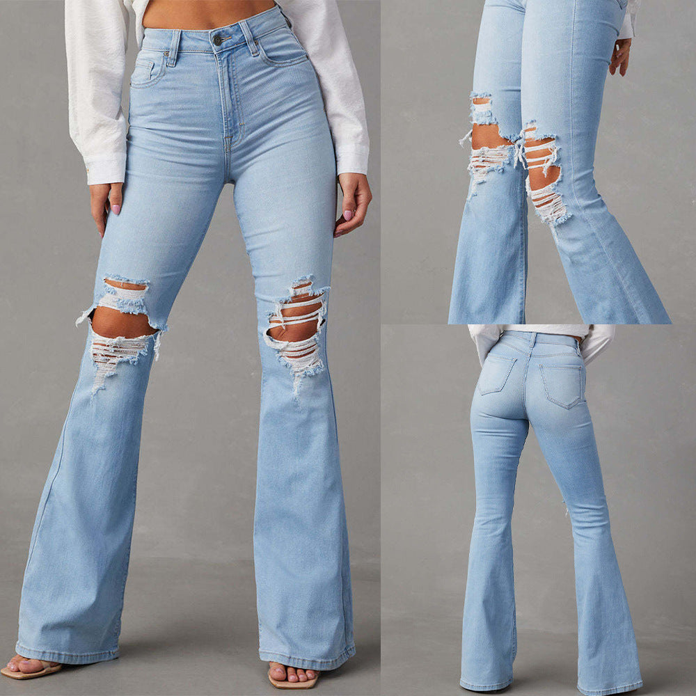 Women’s High Waisted Ripped Flared Jeans - Distressed Bell Bottom Flare Trousers