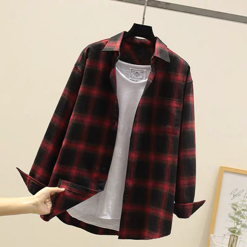Men's gray plaid long sleeve shirt on hanger, front view