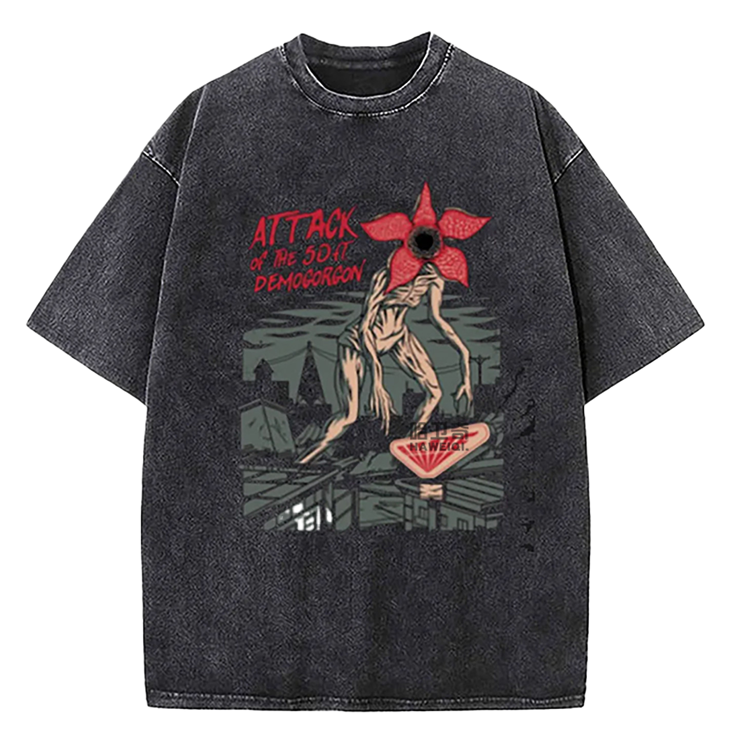 Stranger Things Washed T-Shirt Hawkins University Est 1983 Vintage Graphic Tee Black Over Zized