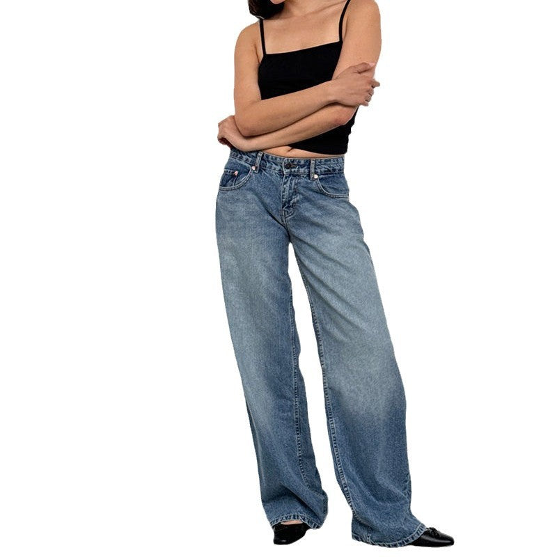 Women’s Low Rise Straight Leg Jeans – Vintage Washed Denim
