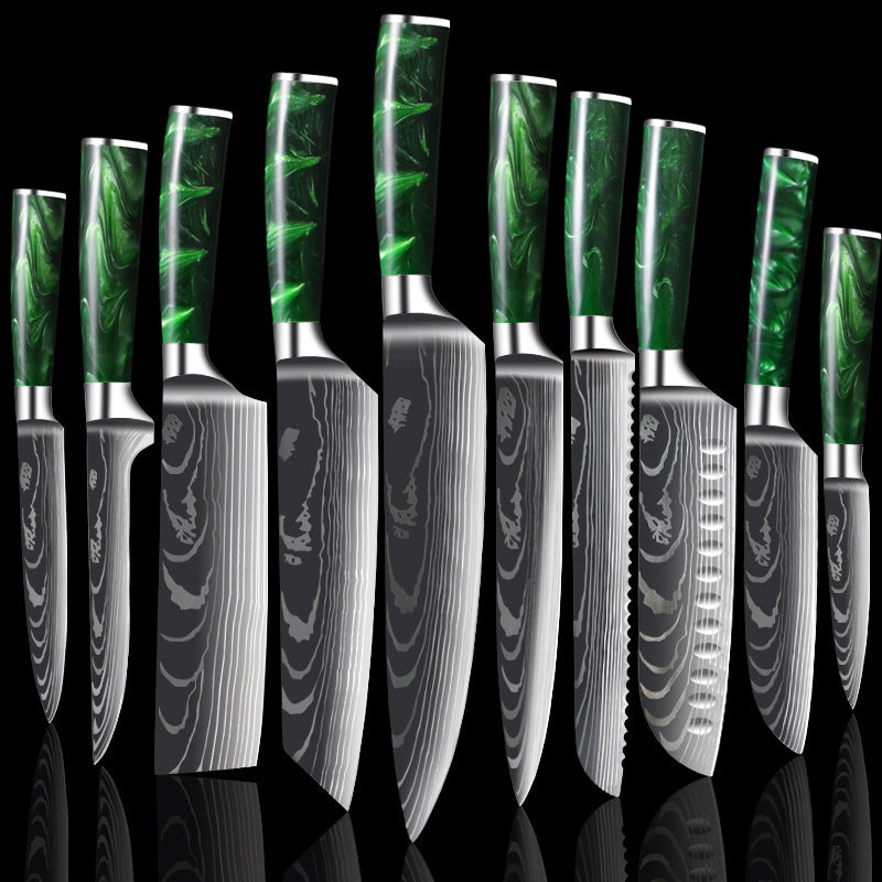 Damascus Kitchen Knife Set with Colored Wood Handles - 5/7/8 Piece Chef Knife Set