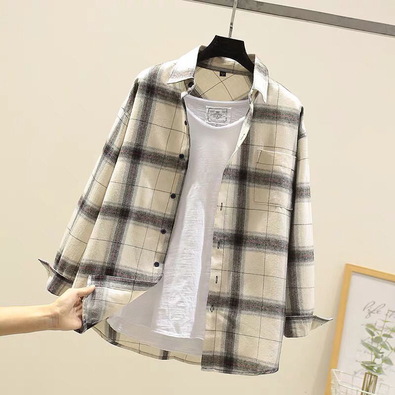 Men's tan and navy plaid long sleeve shirt on hanger, front view