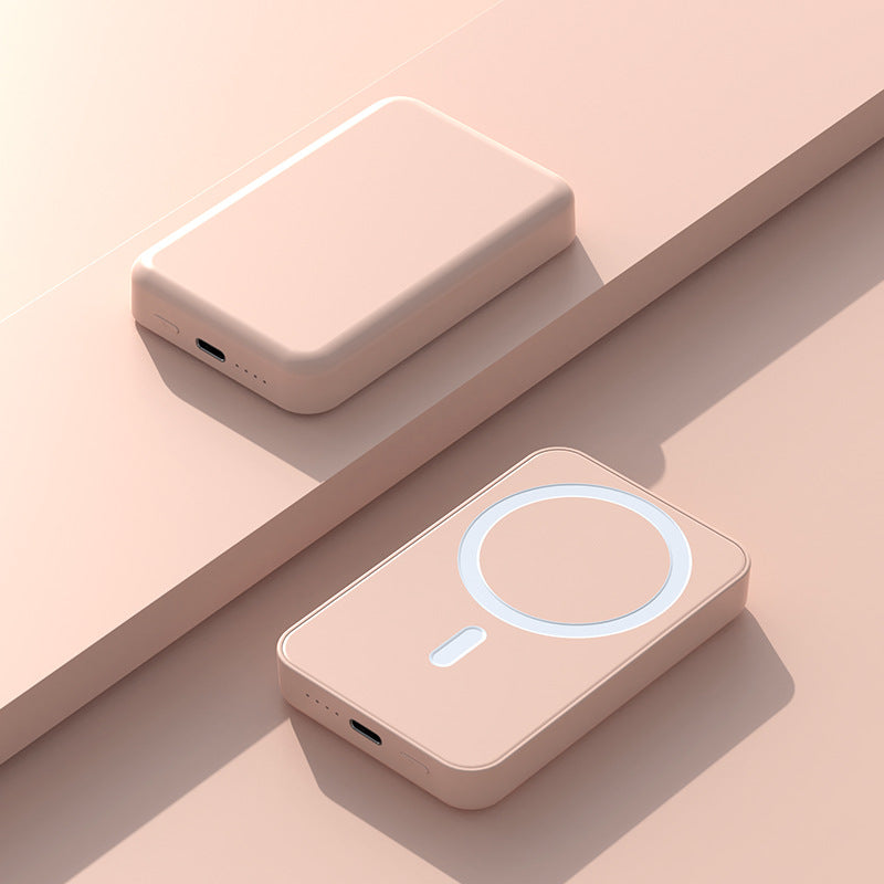 Pink magnetic wireless power bank angled product shot