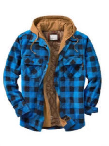 Men's plaid hooded jacket in blue and white, back view