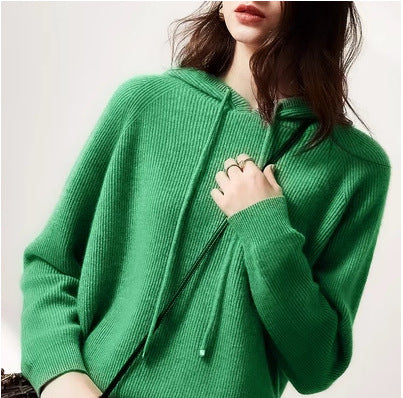 Close-up of hood and drawstring bow detail on women's camel cashmere blend hoodie sweater — detail 1