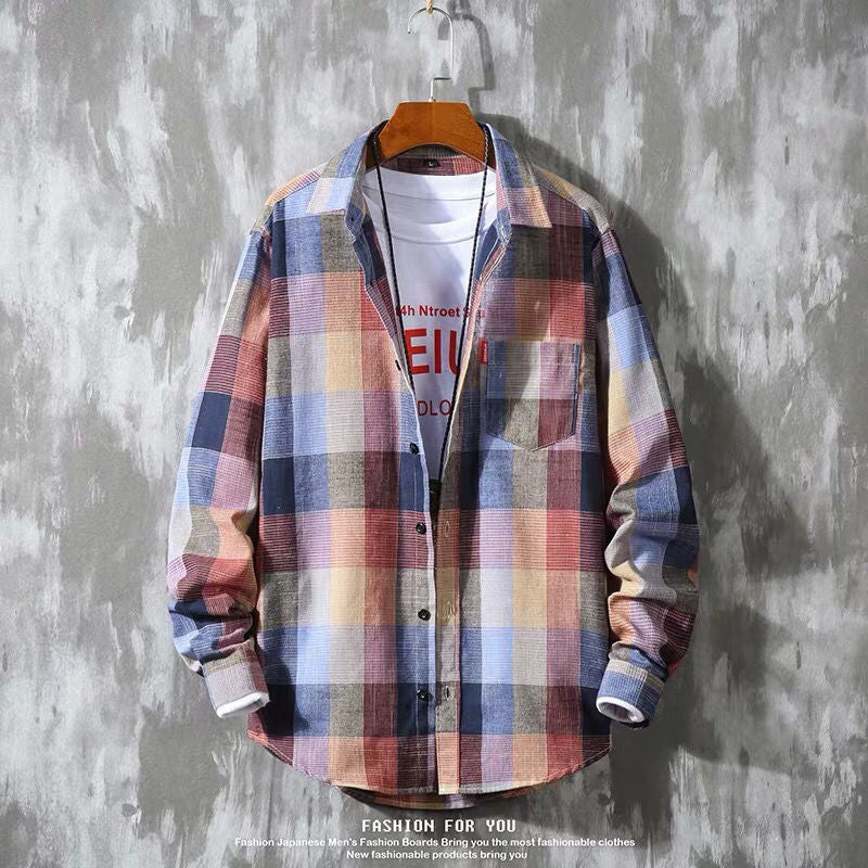 Men's gray plaid long sleeve shirt on hanger, front view