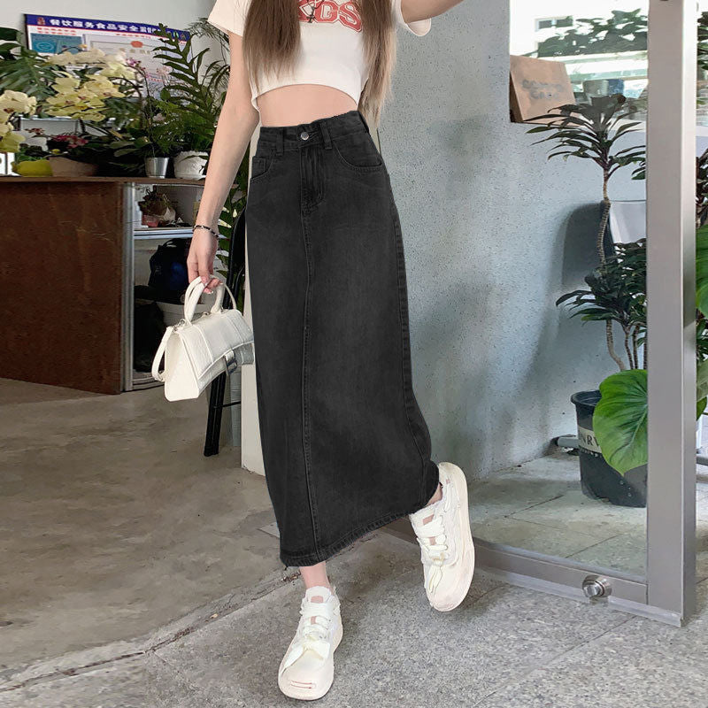 Black gray maxi denim skirt with white sneakers