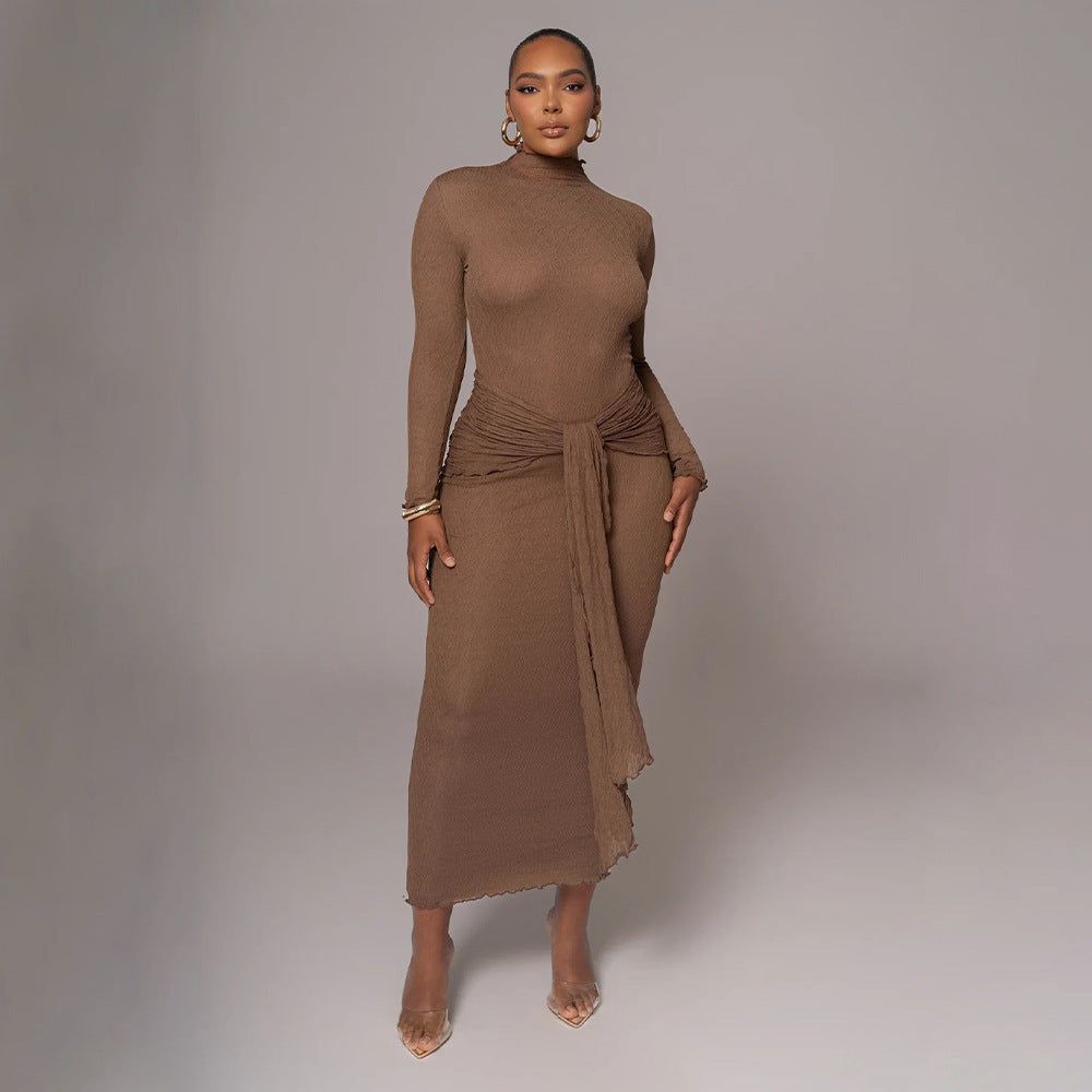 Women’s Long Sleeve Fitted Pleated Maxi Dress - Mock Neck Bodycon High Waisted Solid Brown Sexy Long Dress