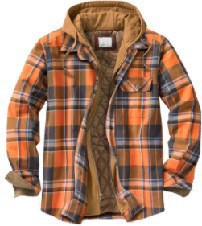 Men's plaid hooded jacket in blue-yellow, front view open showing lining