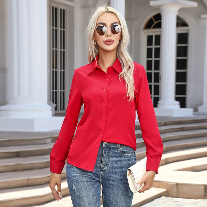 Women's Long Sleeve Button Up Shirt - Spandex Blend Tuck-In Blouse