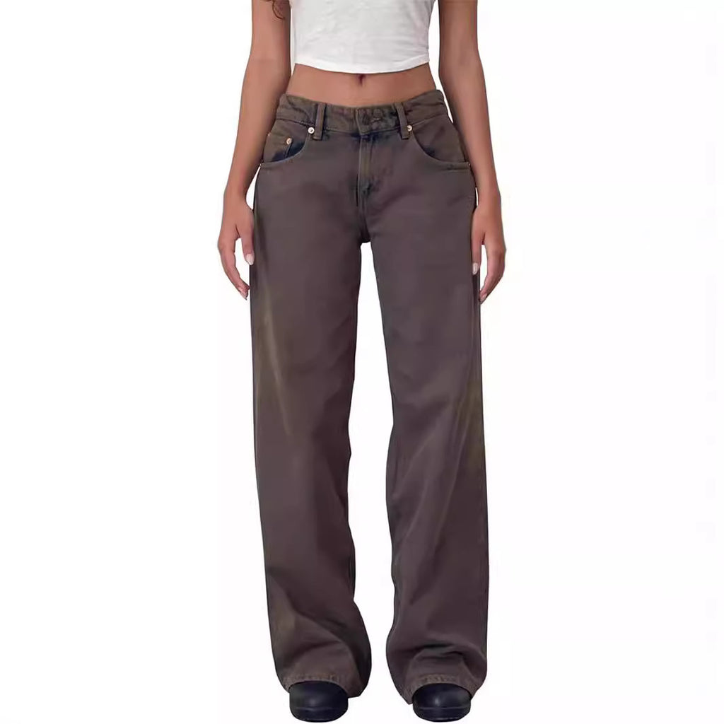 Women’s Low Rise Straight Leg Jeans – Vintage Washed Denim
