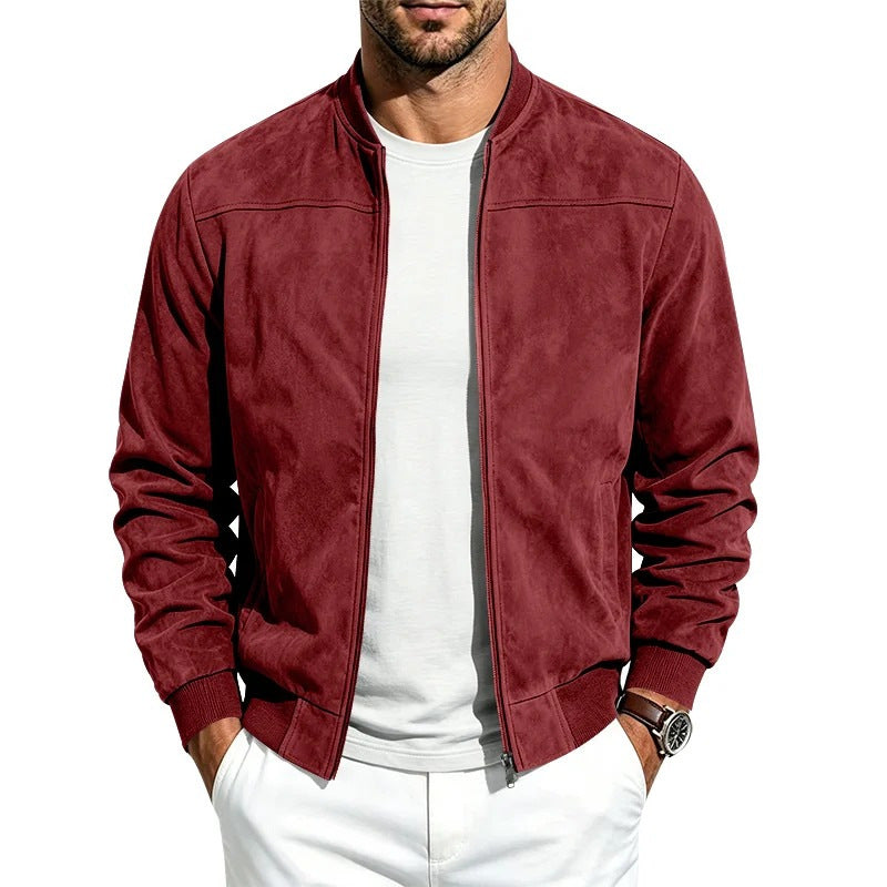 Men's retro faux suede bomber jacket with baseball collar and zip front, photo 43