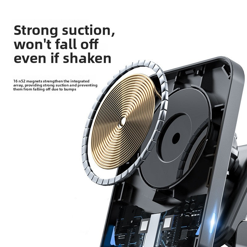 MagSafe car magnetic wireless charger 15W in use, phone charging at 15W with green indicator, secure attachment on bumpy roads.