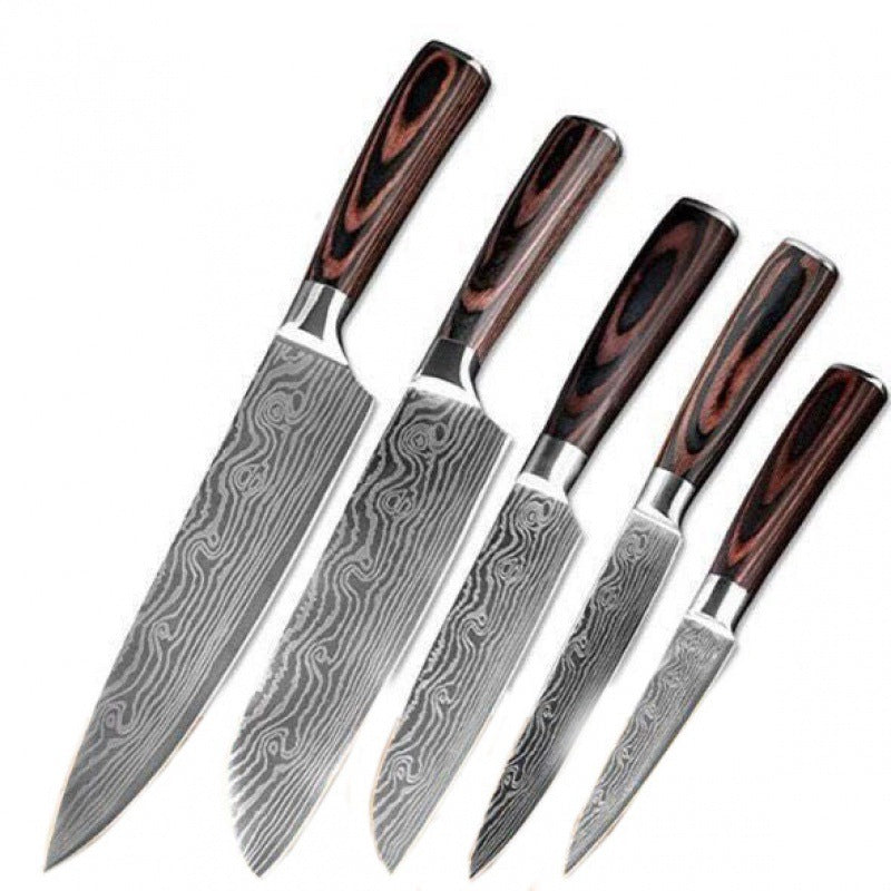Damascus Kitchen Knife Set with Colored Wood Handles - 5/7/8 Piece Chef Knife Set