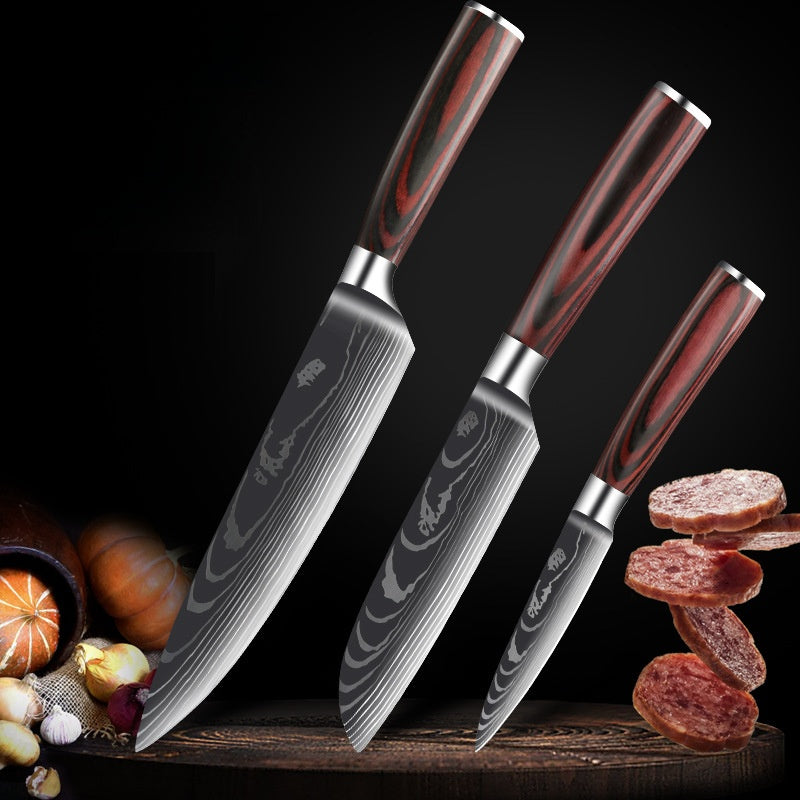Damascus Kitchen Knife Set with Colored Wood Handles - 5/7/8 Piece Chef Knife Set