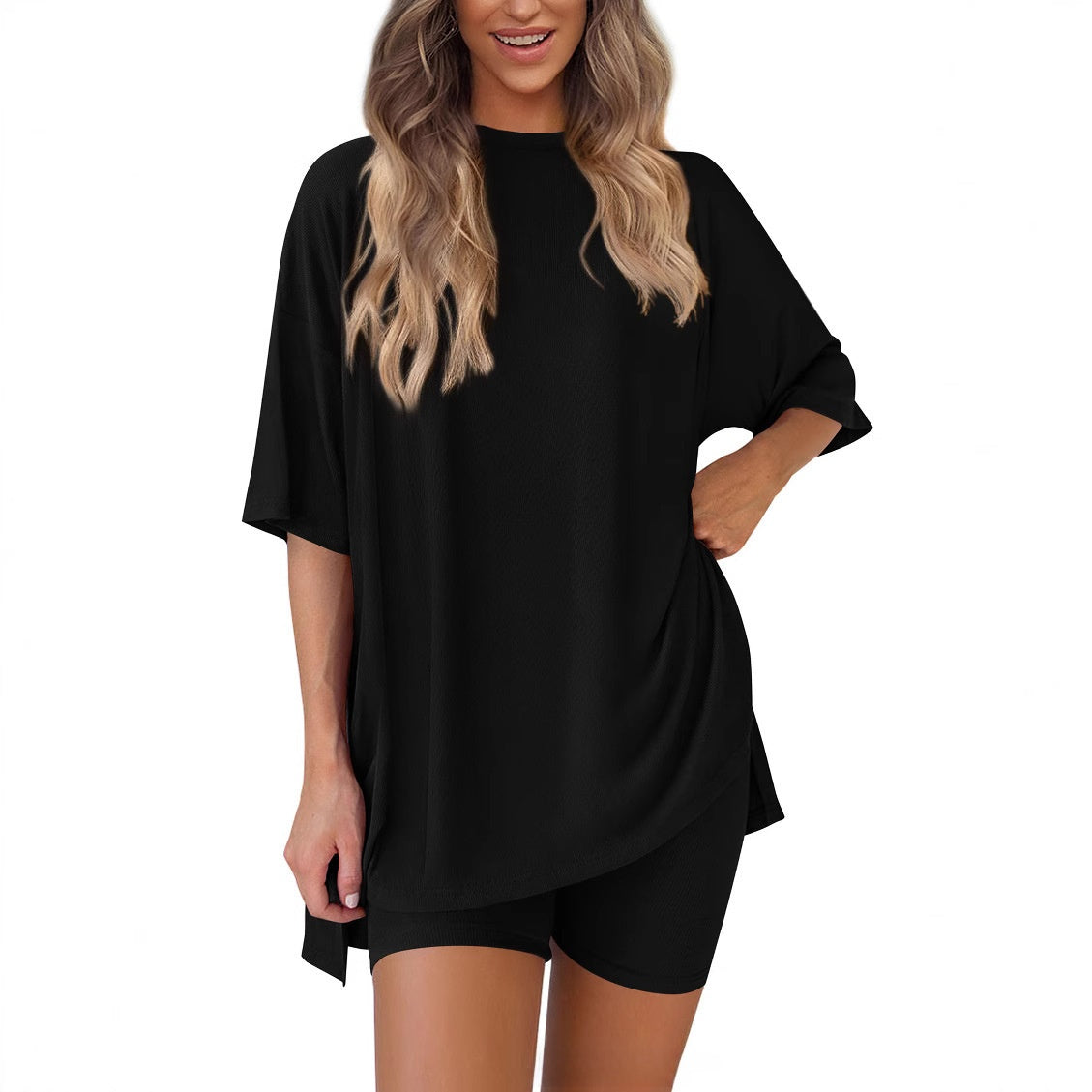 Women’s black modal tencel oversized short sleeve top and shorts matching lounge set front view