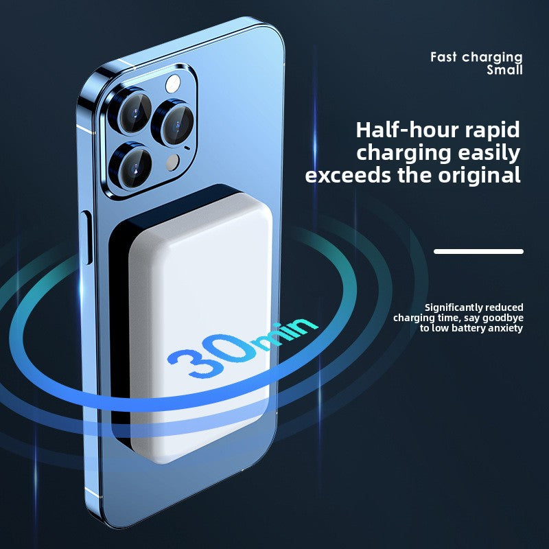 Magnetic power bank attached to smartphone with 30-minute rapid charging icon