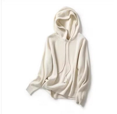 Women's camel cashmere blend hooded sweater, oversized relaxed fit with bow detail — styled view 4