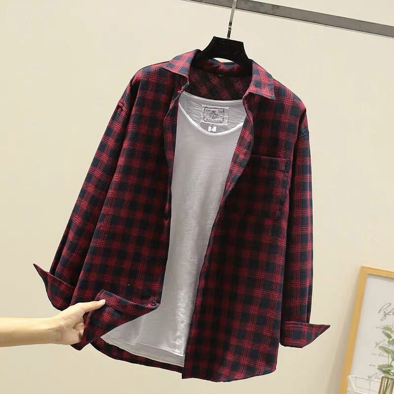 Men's burgundy and black plaid long sleeve shirt on hanger, front view