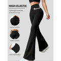 Back view of high waisted black flare leggings highlighting high-elastic fabric and tummy control features