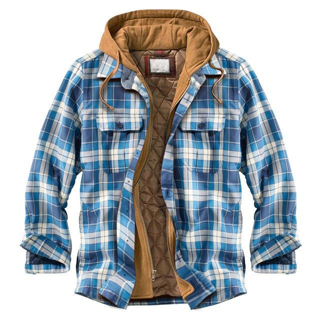 Men's plaid hooded jacket in orange, hood detail