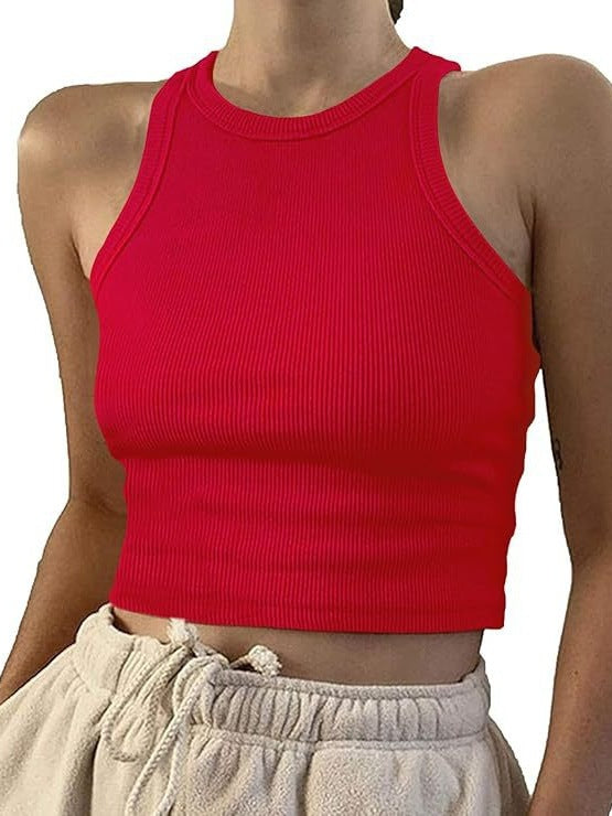 Model wearing ribbed racerback tank top in lavender purple, close-up view