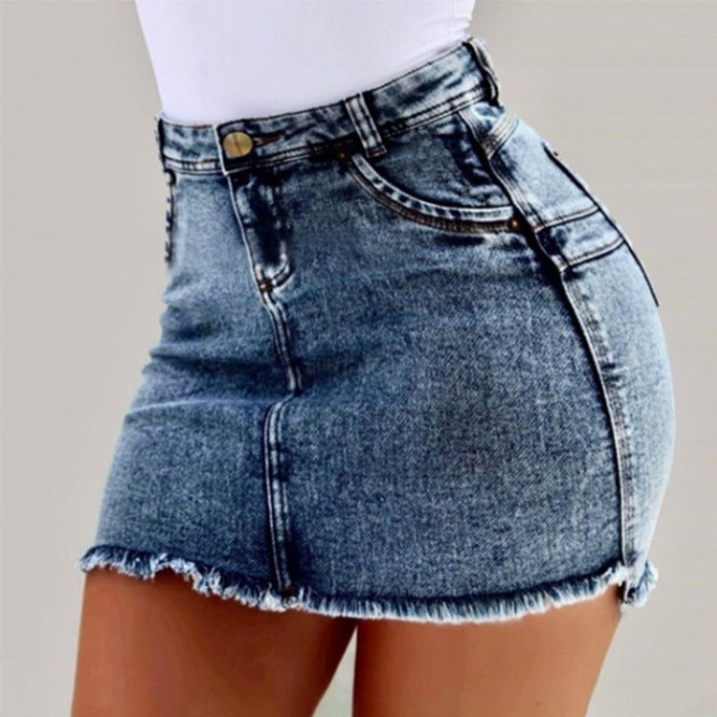 Women’s High Waisted Denim Pencil Skirt – Stretch Fit with Distressed Detail
