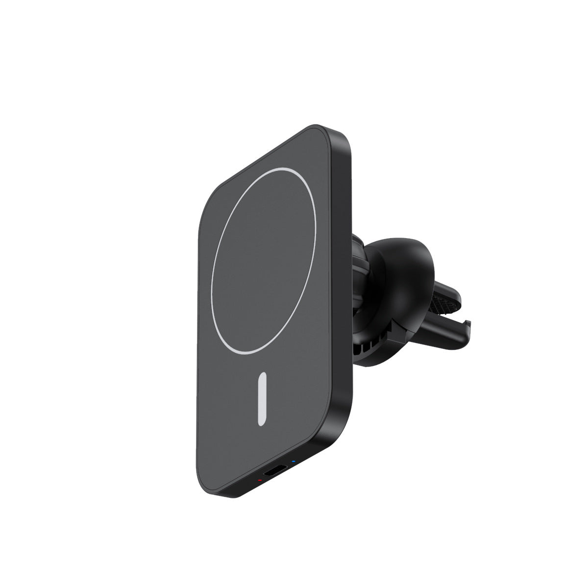 Magnetic car phone holder wireless charger 15W attached to windshield/dashboard, iPhone displaying fast charging animation and secure snap-on.