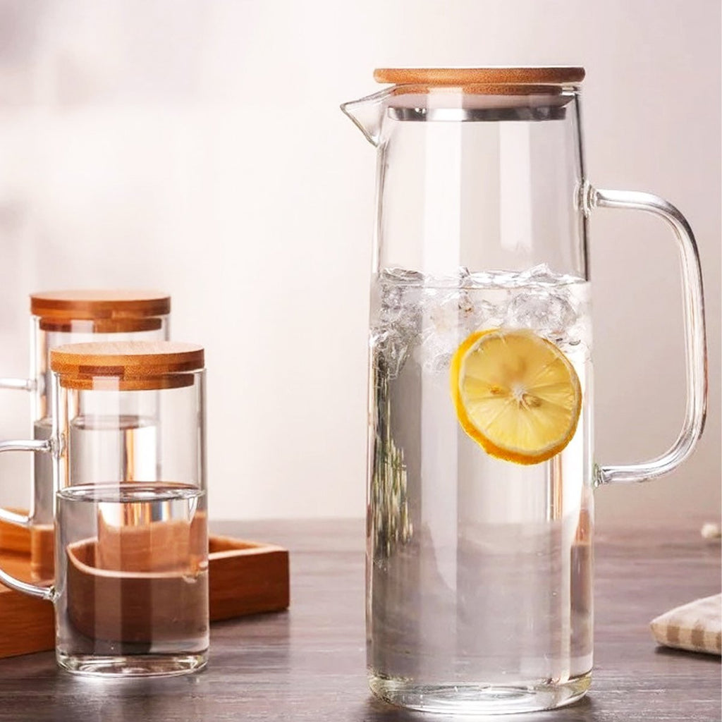 Hand Blown Glass Pitcher Set with 4 Cups & Wooden Lids - Sleek Cylindrical Hot & Cold Drinkware