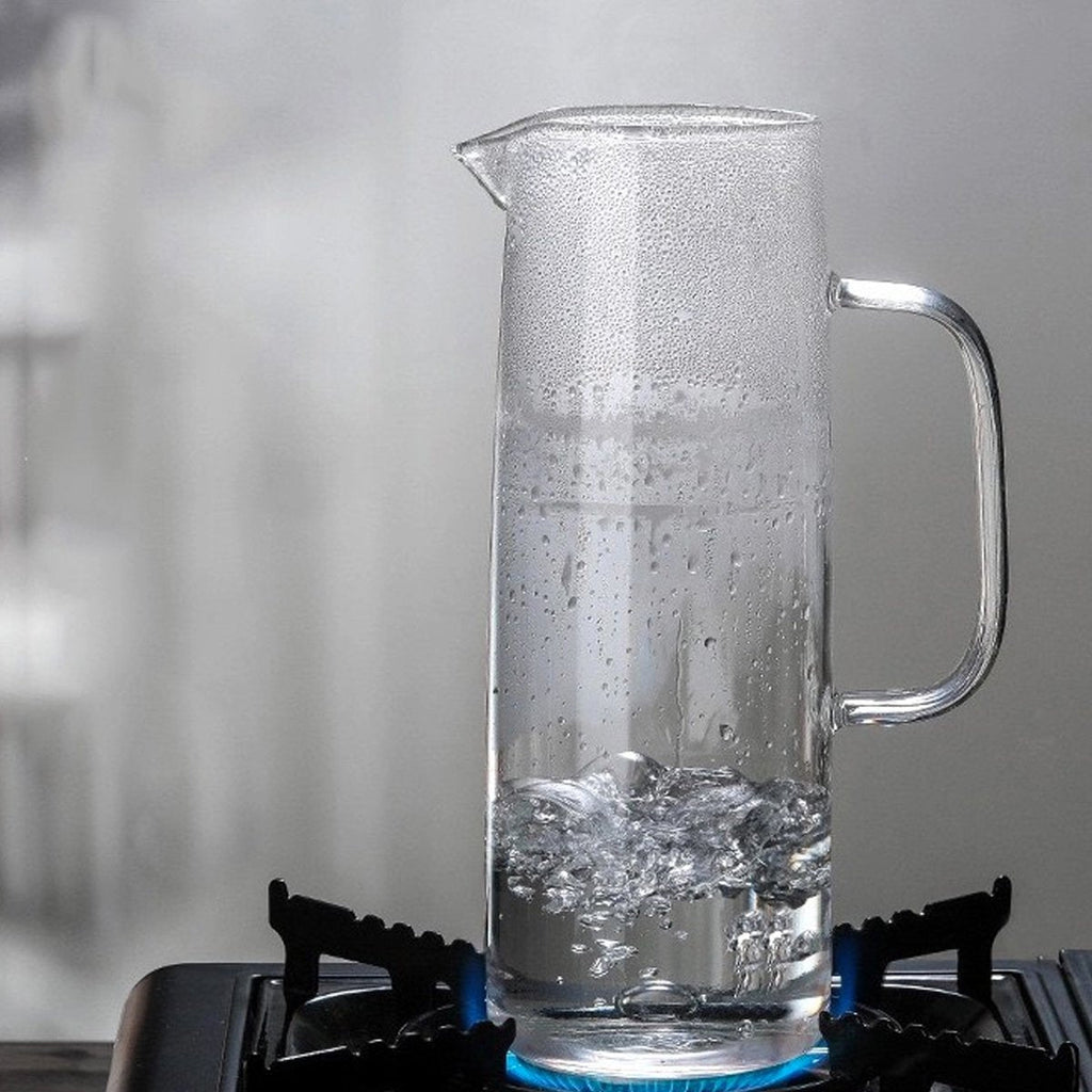 Hand Blown Glass Pitcher Set with 4 Cups & Wooden Lids - Sleek Cylindrical Hot & Cold Drinkware